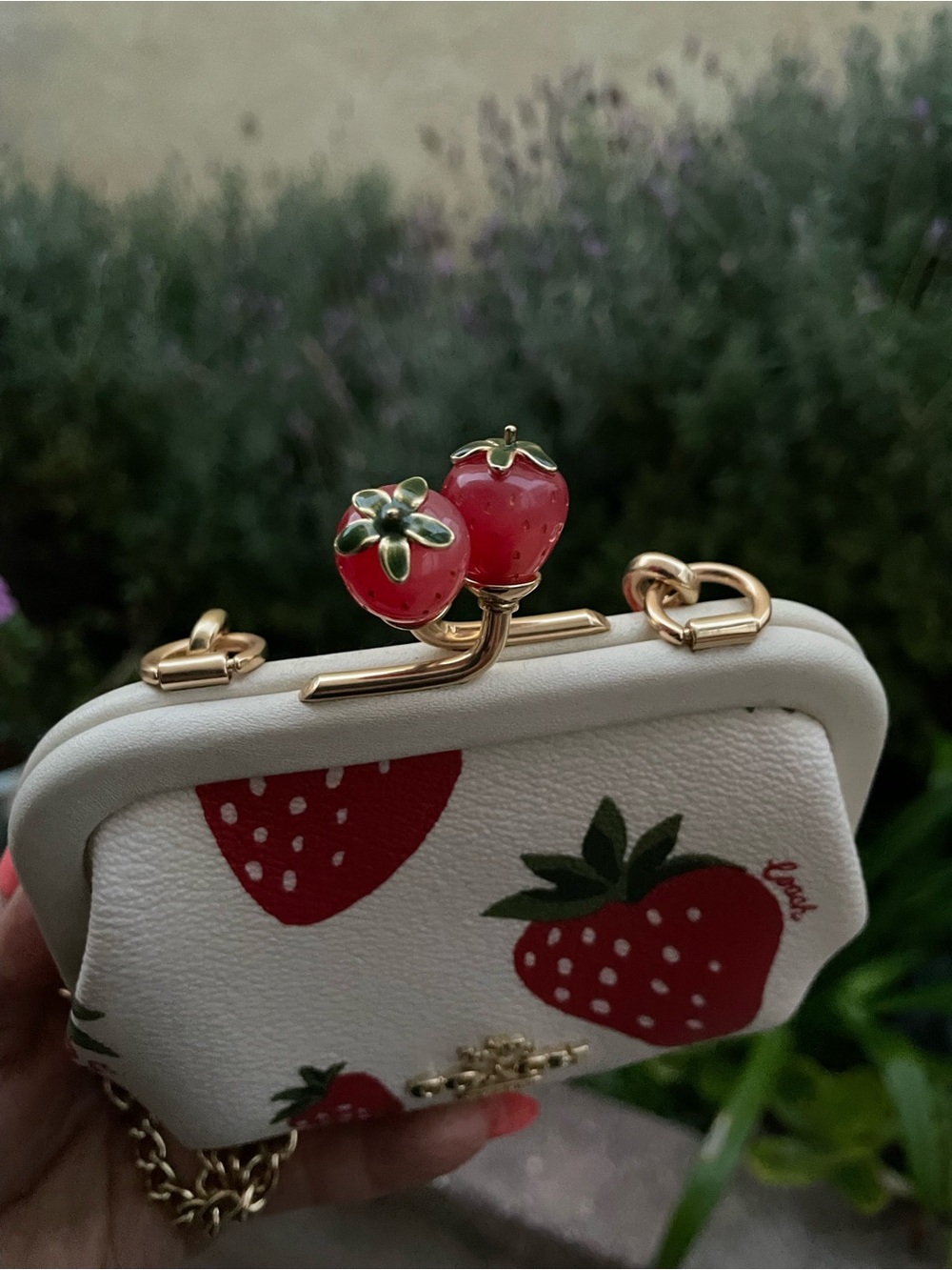 Coach Cream Mini Frame Bag with Red Strawberry Print and Gold Chain - Picture 3 of 11